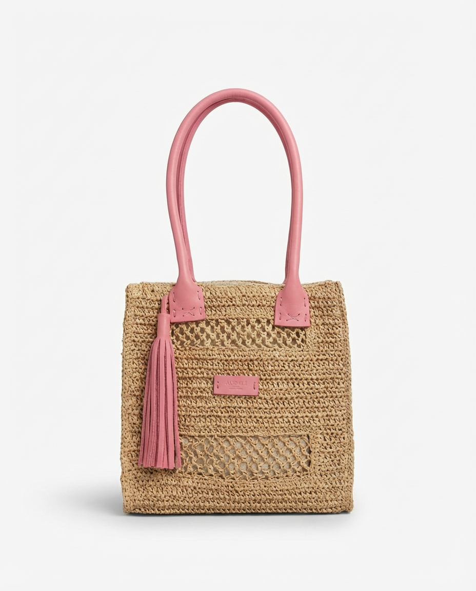 Bolso de rafia con asas de piel en rosa pastel - Audali