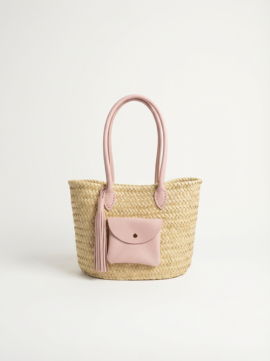 Cesta mini de fibras naturales con asas en rosa empolvado y borla - Audali