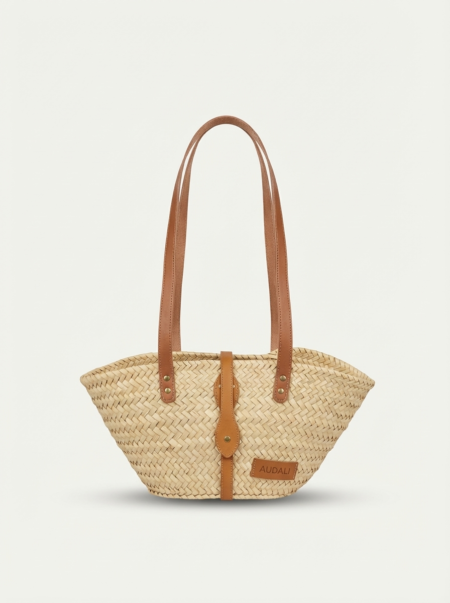 Cesta mini de fibras naturales con asas largas y cierre en piel - Audali